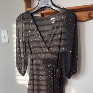 DKNY Black Wrap Midi Dress with Gold Dot Detail